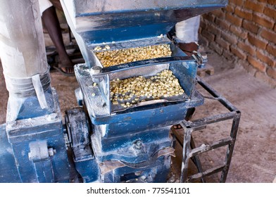 Maize being put through an old mill in rural Africa