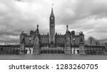 The majestic Canadian Parliament Hill Center Block with the iconic Peace Tower in downtown Ottawa Ontario Canada.