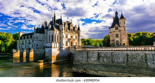 Majestic Chenonceau Castle Over Sunset, Beautiful Castles Of Loire Valley , France