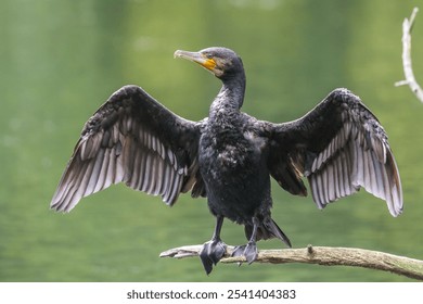 A majestic Cormorant bird perched on a branch over a tranquil body of water with its wings spread wide - Powered by Shutterstock