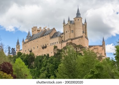 Majestic Detailed Front View At The Iconic Spanish Medieval Castle Palace Alcázar Of Segovia