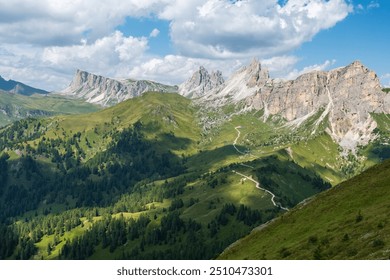 Majestic Dolomites with jagged peaks piercing the sky, surrounded by lush green valleys and serene alpine lakes, capturing the raw beauty of the mountains. - Powered by Shutterstock