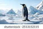 A majestic Emperor penguin stands gracefully on an ice floe in Antarctica, surrounded by stunning icy landscapes under a clear blue sky. Perfect for wildlife and nature themes.