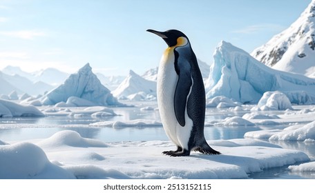 A majestic Emperor penguin stands gracefully on an ice floe in Antarctica, surrounded by stunning icy landscapes under a clear blue sky. Perfect for wildlife and nature themes.