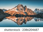 Majestic French alps landscape of Lac Blanc with Mont Blanc mountain range reflected on lake in the sunset at Haute Savoie, Chamonix, France