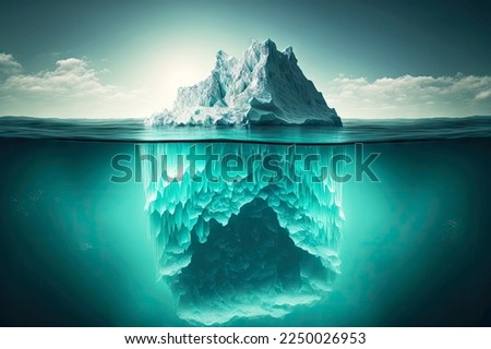 Majestic giant floating iceberg going deep under water with sharp peaks and towering over sea