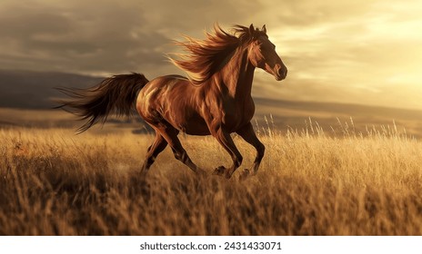 Majestic Horse in Golden Field at Sunset horses in field