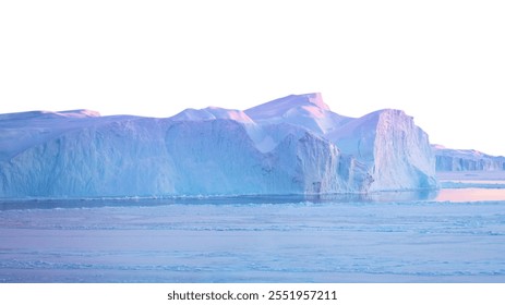 Majestic icebergs in a serene, icy landscape. Icebergs reflecting soft pink and blue hues. Vast, tranquil icebergs under a clear sky. Stunning iceberg scenery. Nature border isolated on white. - Powered by Shutterstock