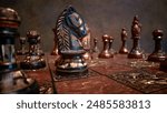 Majestic Knight Chess Piece on Antique Chessboard Timeless Strategy and Strength in Vintage Chess Set Photography