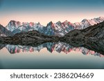 Majestic landscape of Lac Blanc with Mont Blanc mountain range reflect on the lake in French Alps at the sunset. Haute Savoie, Chamonix, France