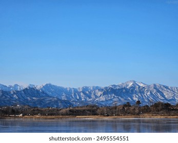 Majestic landscape with a lake and snow-capped mountains behind the lake - Powered by Shutterstock