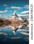 Majestic landscape of Matterhorn mountain reflected on Lake Stellisee in the morning at Zermatt, Switzerland