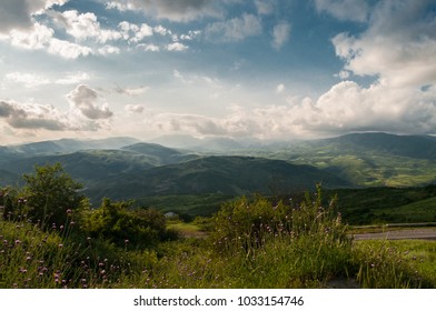 Majestic Landscape Of Mountains And Meadow. Cycling Mountain Road. Misty Mountain Road In High Mountains.. Cloudy Sky With Mountain Road. Azerbaijan Nature