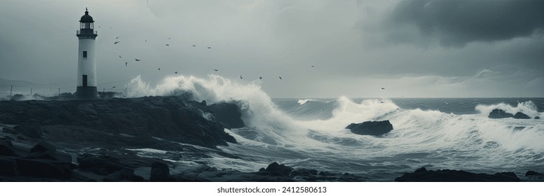 A majestic lighthouse standing tall against a background of turbulent stormy waters and looming dark clouds - Powered by Shutterstock