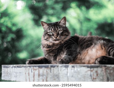 A majestic long-haired tabby cat lounging outdoors on a rustic surface, gazing confidently into the distance. The lush green background adds depth and highlights the cat’s fluffy fur. - Powered by Shutterstock - Get 15% off with code: PIKWIZARD15