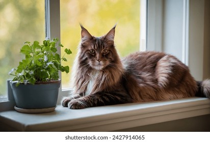 A majestic Maine Coon cat lounging on a windowsill beside a green flower pot, basking in the sunlight. Perfect blend of coziness and nature captured in one frame. - Powered by Shutterstock