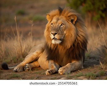 A majestic male lion lying in grass, lit by golden morning light, roaring.