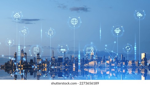 Majestic Manhattan New York skyline mirror cityscape with double exposure of blurry immersive internet of things interface. Concept of hi tech and artificial intelligence