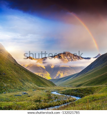 Majestic mist landscapes with high mountains of Georgia, Europe. Dramatic sky. Caucasus mountains. Beauty world.