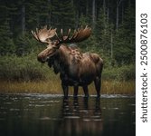 Majestic Moose captures the grandeur and presence of this iconic North American mammal. The image showcases a towering moose standing proudly in its natural habitat, with its impressive antlers spread