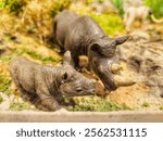 A majestic mother rhinoceros accompanies her playful young calf in a vibrant natural habitat. The setting highlights the bond between parent and offspring amidst lush surroundings.