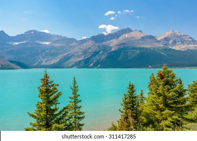 Majestic mountain lake in Canada. Bow Lake view in Jasper, Alberta, Canada. Rocky Mountains.