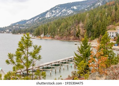 Majestic Mountain Lake In Canada. Okanagan Lake View In Winter.