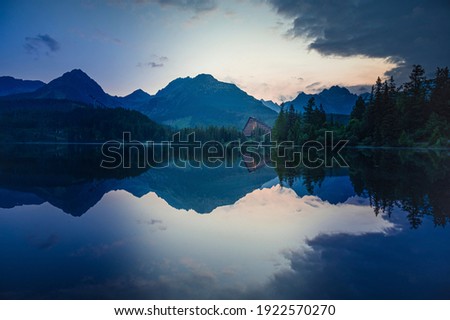 Majestic mountain lake in National Park High Tatras National Park, Slovakia, Europe. Sunset.