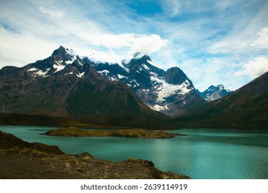 Majestic Mountain Landscape with Glacial Lake and Snow-Capped Pe