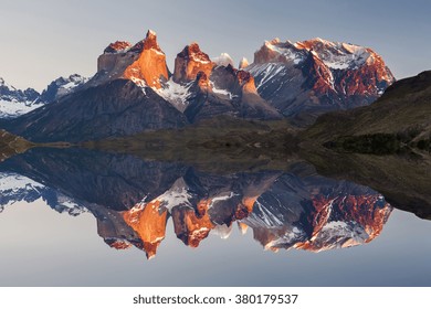 Majestic mountain landscape. Reflection of mountains in the lake. National Park Torres del Paine, Chile.