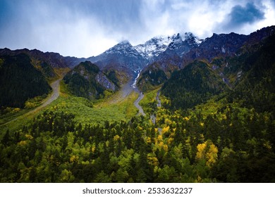 Majestic Mountain and Lush Forest: A breathtaking view of a snow-capped mountain towering over a dense forest with vibrant autumn colors. - Powered by Shutterstock