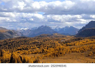 Majestic mountain range dominates the horizon, snow-capped peaks piercing a cloudy sky. Foreground bursts with golden autumn foliage, creating a vibrant tapestry. Rolling hills and dense forests. - Powered by Shutterstock