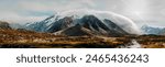 Majestic Mountain Range With Stream and Misty Fog and Clouds Aoraki Mount Cook New Zealand Glacier Snow Peak