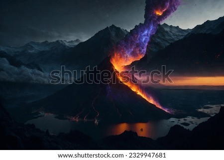 A majestic mountain rises, crowned by a volcanic peak,
Its slopes draped in lush greenery and vibrant wildflowers.
Smoke whispers from the volcano's crater, hinting at its power,
Against a sky ablaze 