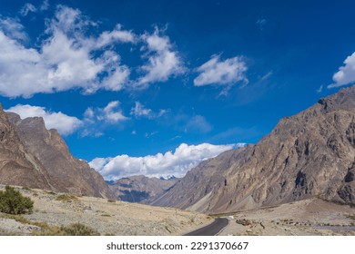 majestic mountain scenery, blue sky at  Hunder village in the Leh district of Ladakh, India.
