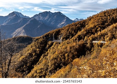 Majestic mountains covered in vibrant autumn foliage with a winding road carved into the hillside. Clear skies and scenic views of nature in late autumn. - Powered by Shutterstock