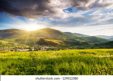 Majestic mountains landscape under morning sky with clouds. Overcast sky before storm. Carpathian, Ukraine, Europe. - Shutterstock ID 129012380