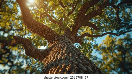 Majestic old oak tree with textured bark and sprawling branches, bathed in sunlight filtering through lush green leaves.