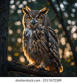 A majestic owl perched on a branch at dusk, its large, glowing eyes scanning the quiet forest for movement as the sun sets. - Powered by Shutterstock