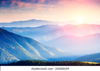 Majestic panorama of green mountains with sunny beams. Dramatic scene. National Park, Carpathian, Ukraine, Europe. Beauty world. - Shutterstock ID 234300199