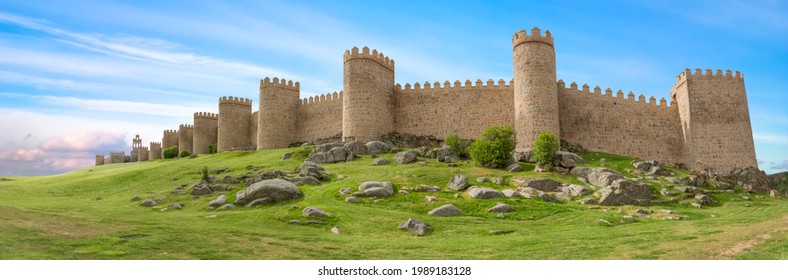 Majestic panoramic view of Ávila city Walls and fortress, full around view at the medieval historic city