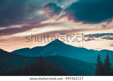 Majestic sunrise in montain landscape. Sunset time. Carpathian, Ukraine, Europe. Beauty world. Vintage filter