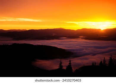 Majestic Sunrise in the Mountains: Sun Rays Piercing Through Foggy Hills - Powered by Shutterstock