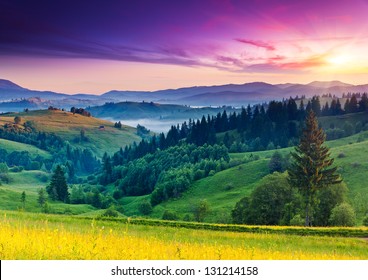 Majestic Sunset In The Mountains Landscape. Carpathian, Ukraine, Europe. Beauty World.