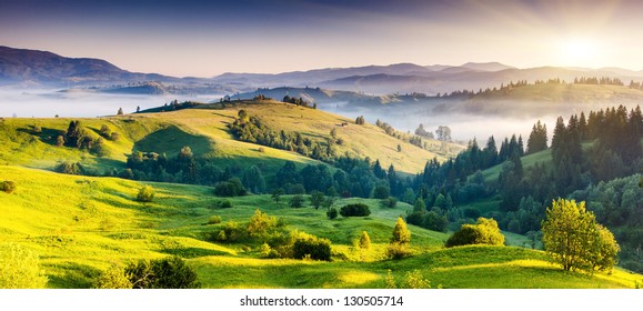 Majestic sunset in the mountains landscape. Dramatic sky. Carpathian, Ukraine, Europe. Beauty world. - Shutterstock ID 130505714