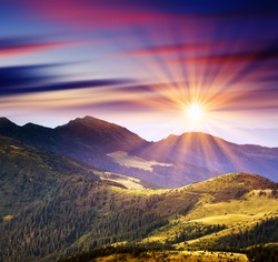 Majestic Sunset In The Mountains Landscape. HDR Image
