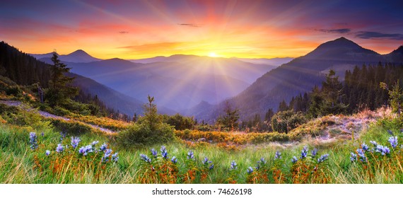 Majestic sunset in the mountains landscape. HDR image - Shutterstock ID 74626198