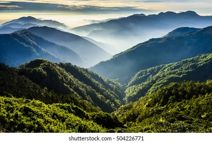 Majestic Sunset In The Mountains Landscape. Nantou, Taiwan.