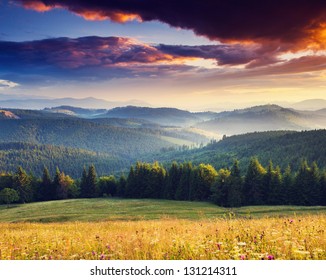 Majestic sunset in the mountains landscape. Overcast sky before storm. Carpathian, Ukraine, Europe. - Shutterstock ID 131214311