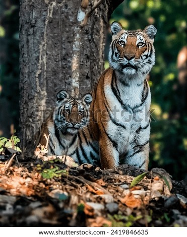 Majestic Tiger and Cub in Natural Habitat - Wildlife Photography
Beautiful Mother and Baby Tiger in Autumn Forest - Animal Portrait
Orange and Black Striped Tigers Next to a Tree - Nature and Wildlife